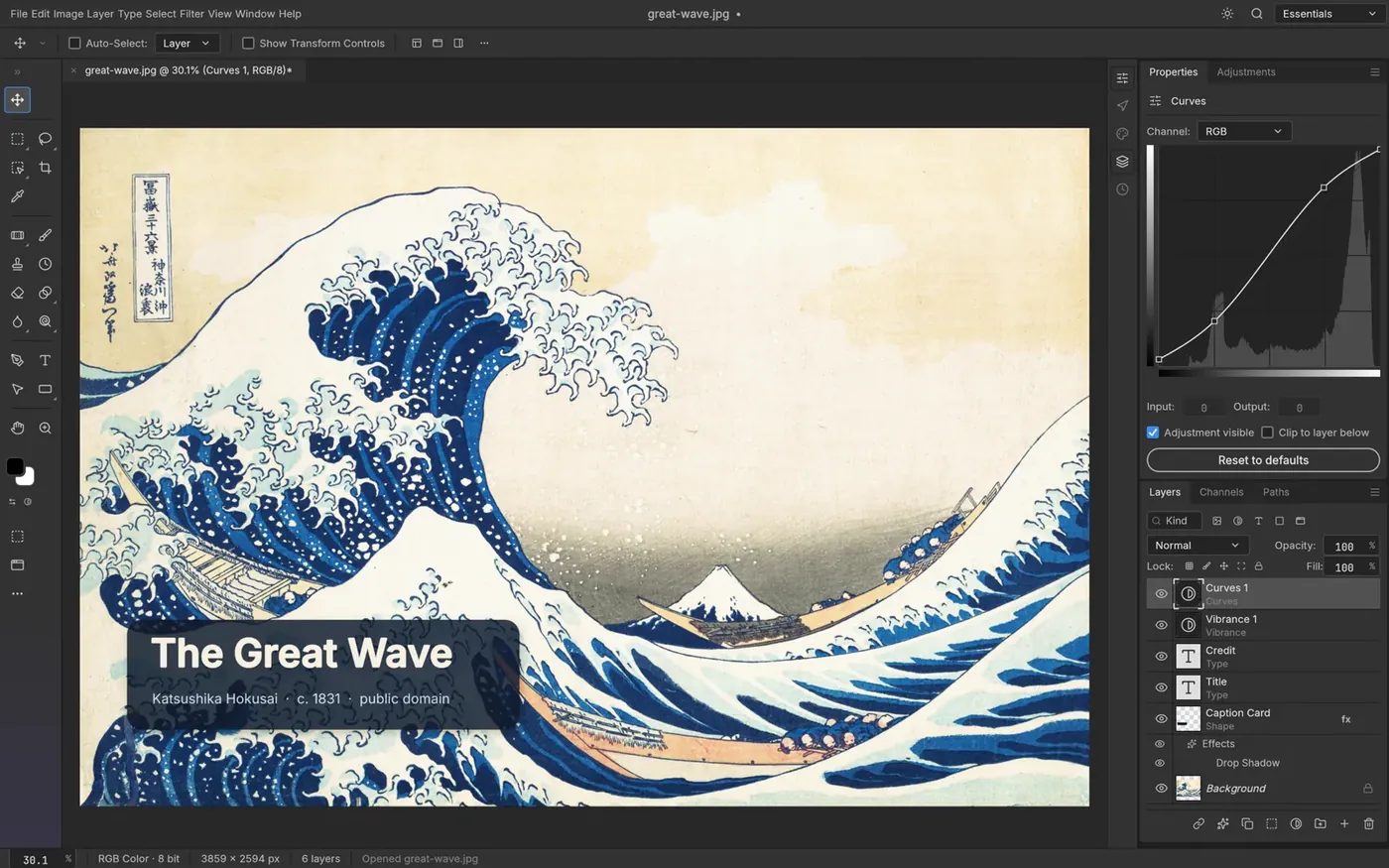 PhotoCraft editing a layered document: the tool column on the left, the canvas with a Curves adjustment open, and the Layers panel listing adjustment, type and shape layers.