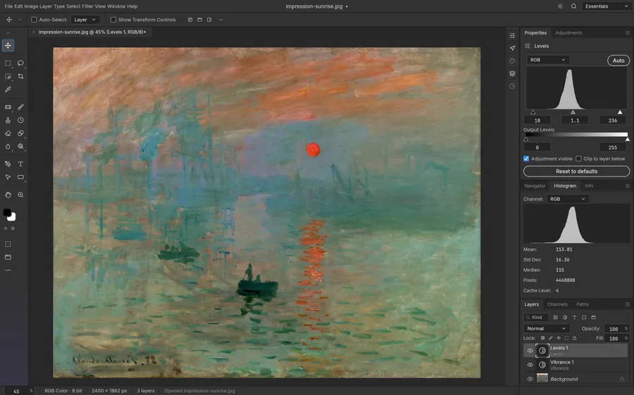 PhotoCraft applying a Levels adjustment layer, with the live histogram and input levels visible in the properties panel.