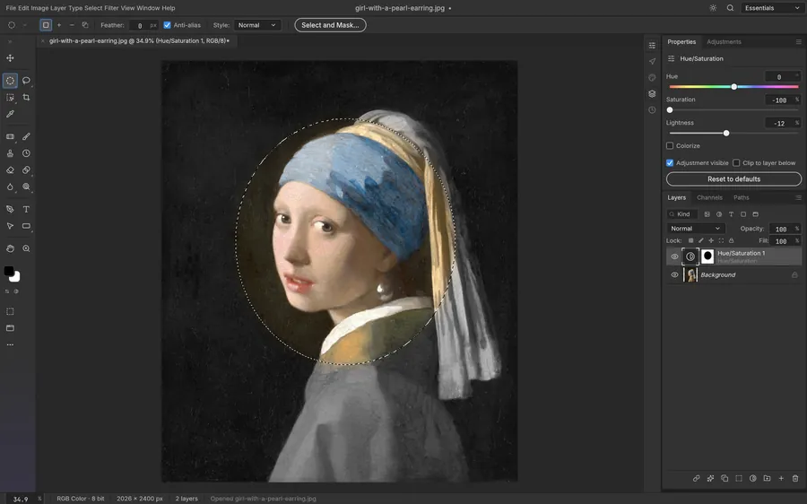 PhotoCraft showing an elliptical selection on the canvas and a masked Hue and Saturation adjustment layer in the Layers panel.